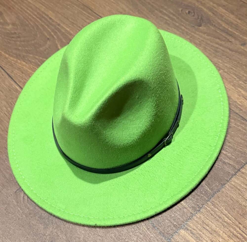 Unisex Bright Green Felt Fedora Hat with Black Belt Buckle and Studs